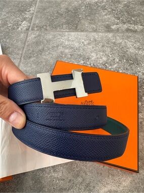 Hermès Reversible H Belt Belt Navy Blue/Green teal Palladium H Buckle Size 80